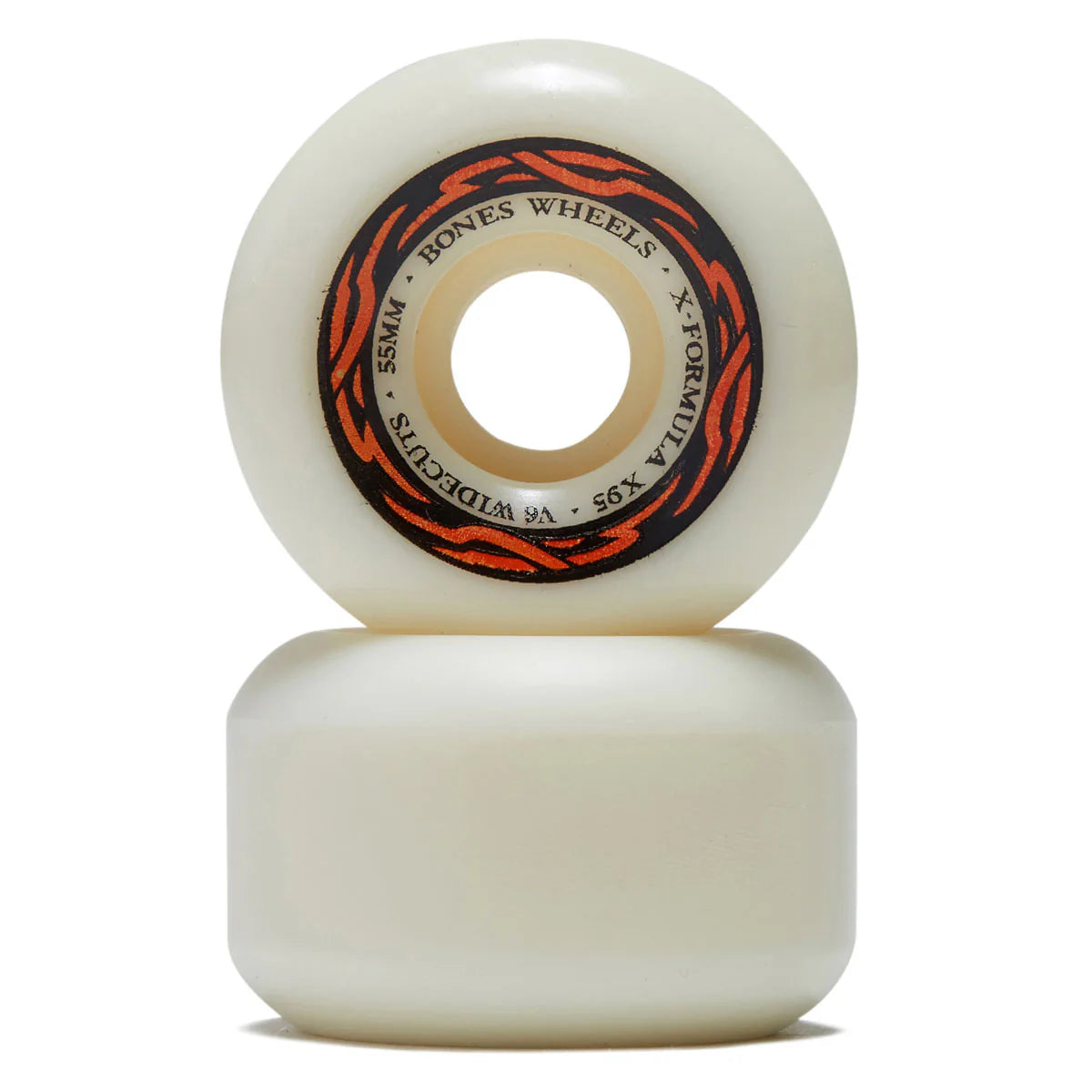 Two white skateboard wheels with a visible brand logo on a white background