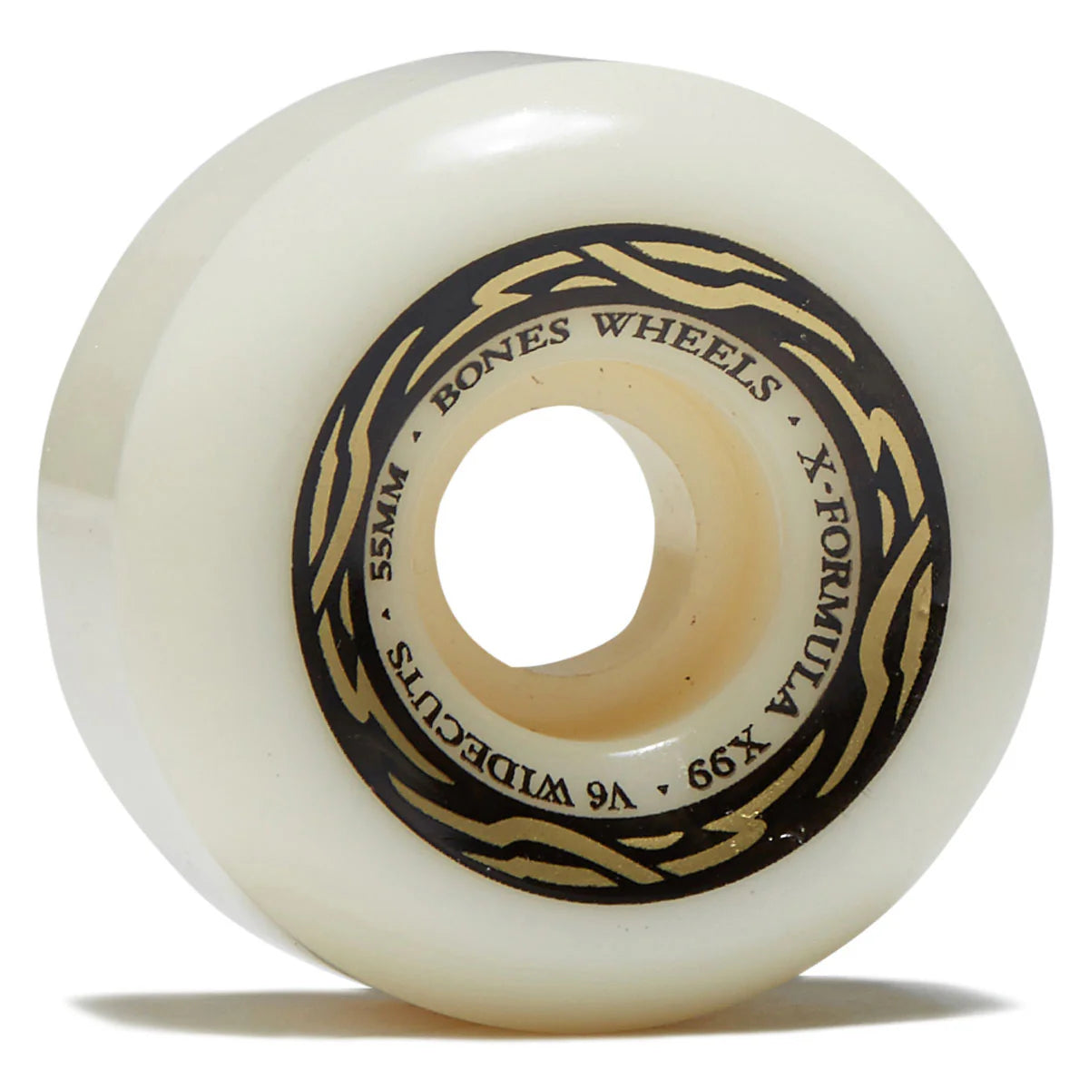 White skateboard wheel with black text on a white background