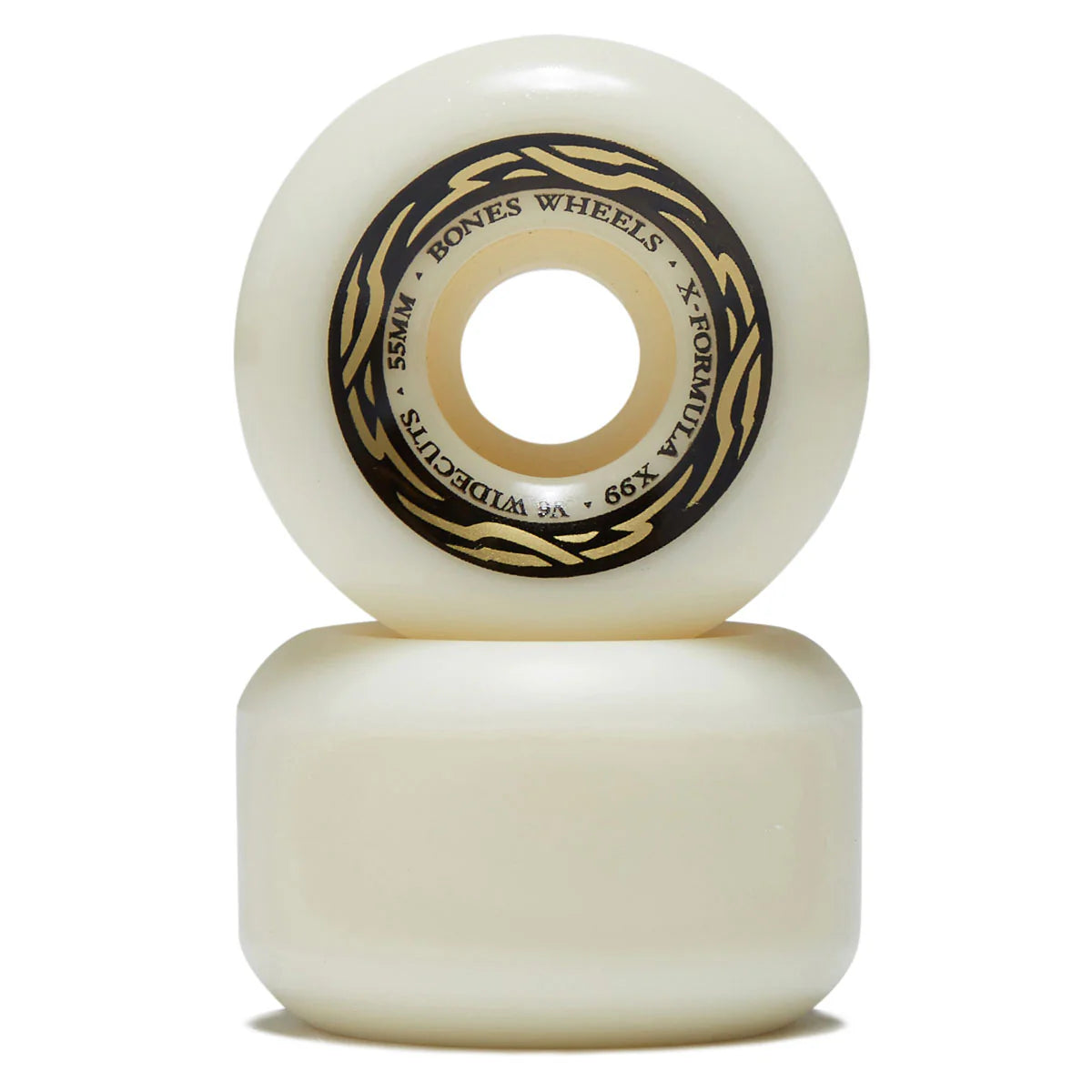 Two white skateboard wheels with black text on a white background
