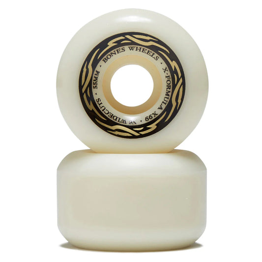 Two white skateboard wheels with black text on a white background
