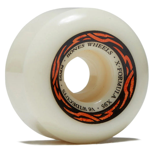White skateboard wheel with orange and black branding on a white background