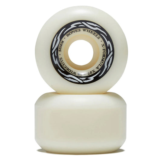 Two white skateboard wheels with a black and white logo on a white background