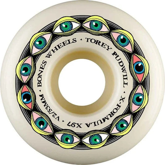Skateboard wheel with colorful eye design and text on a white background