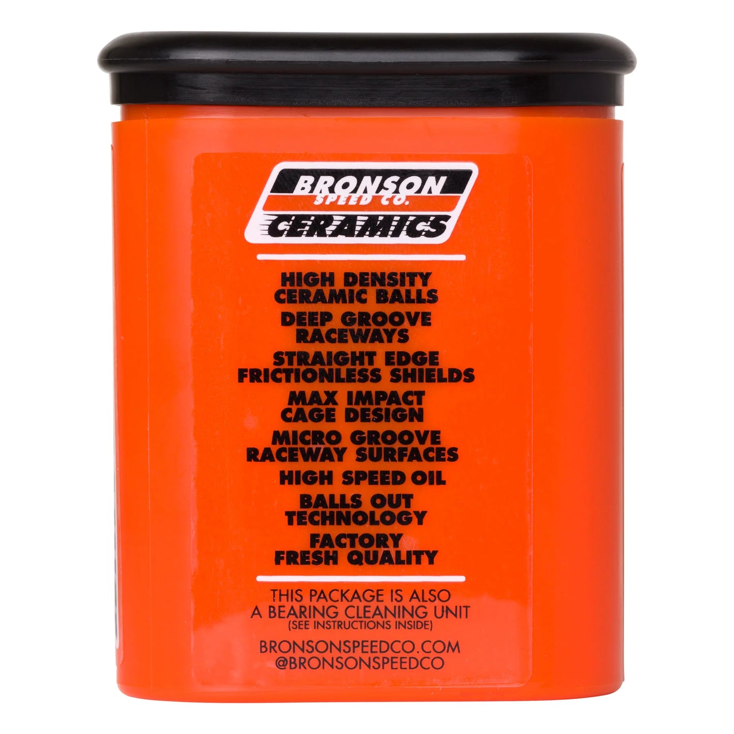 Orange container with Bronson Ceramics branding and product features on a white background