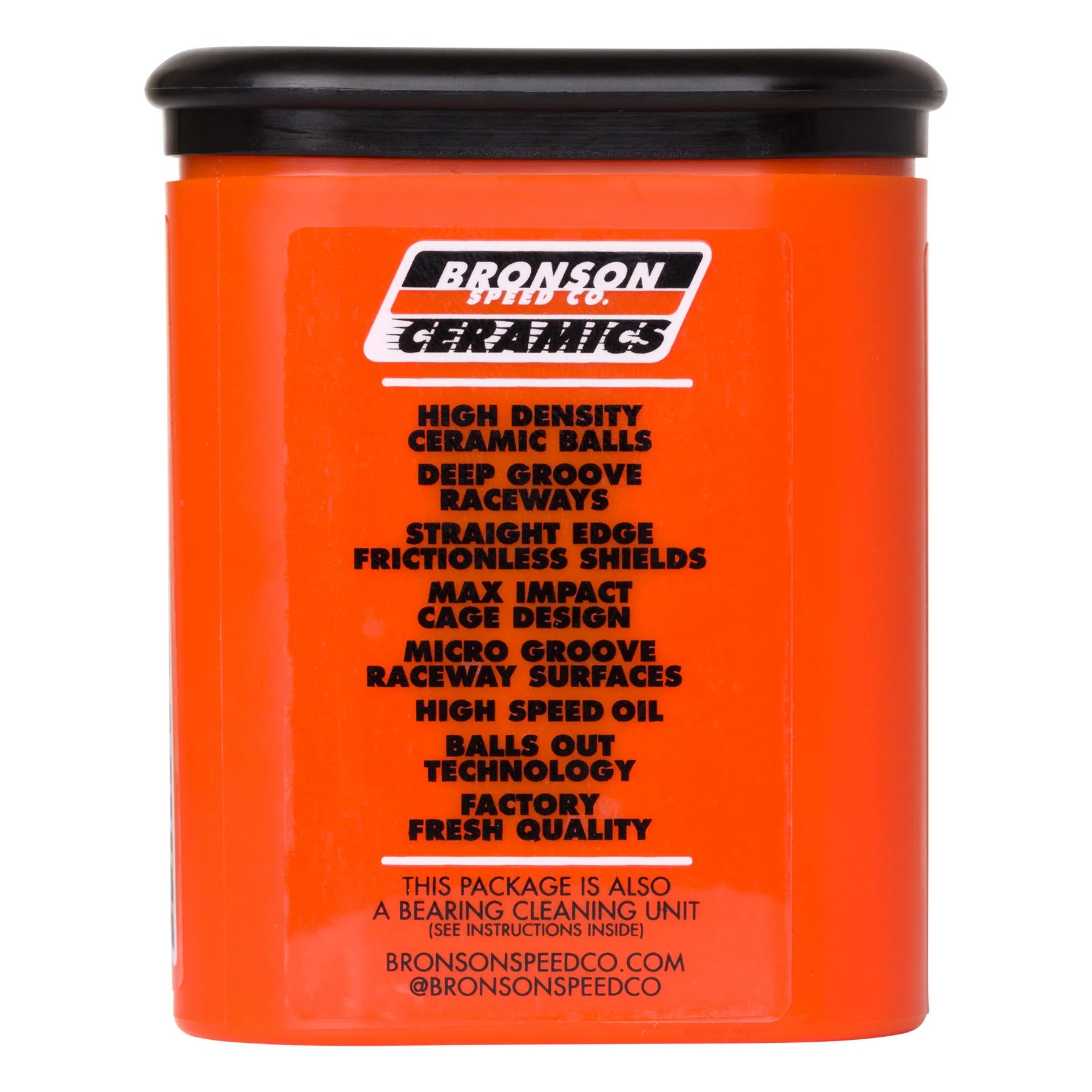 Orange container with Bronson Ceramics branding and product features on a white background