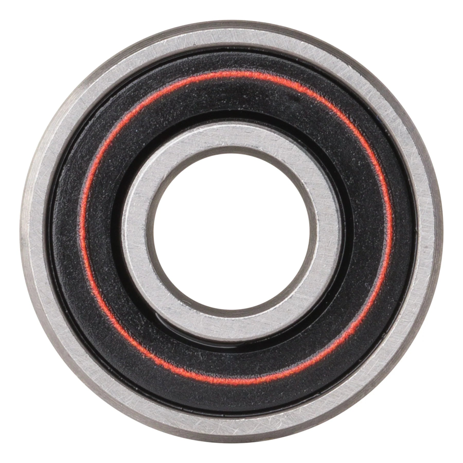 Close-up of a bearing with black, silver, and red colors on a white background