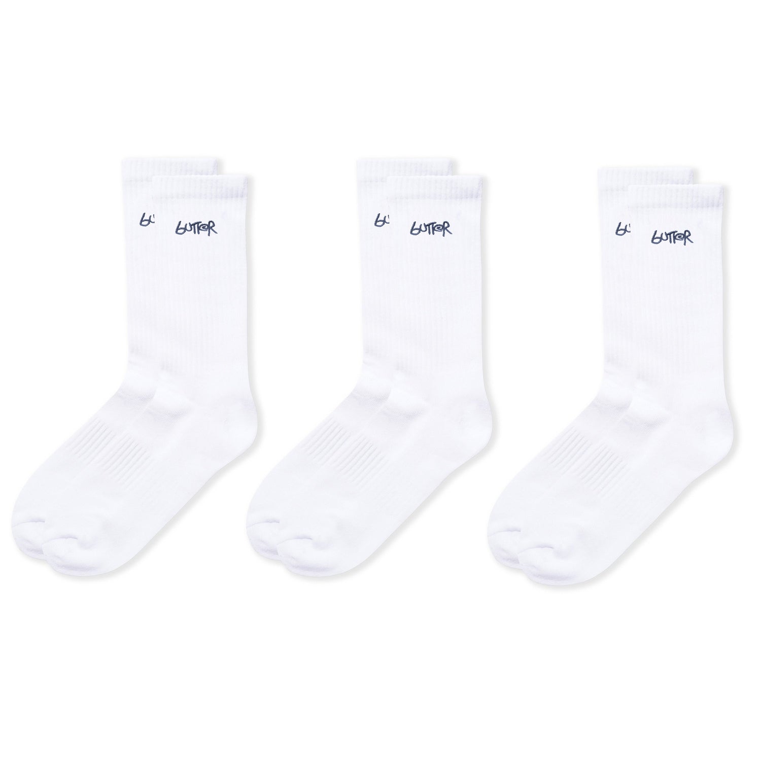 Three white socks with black text on a white background