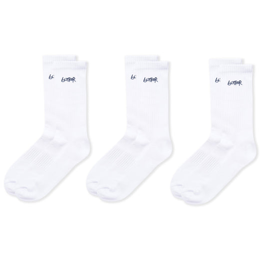 Three white socks with black text on a white background