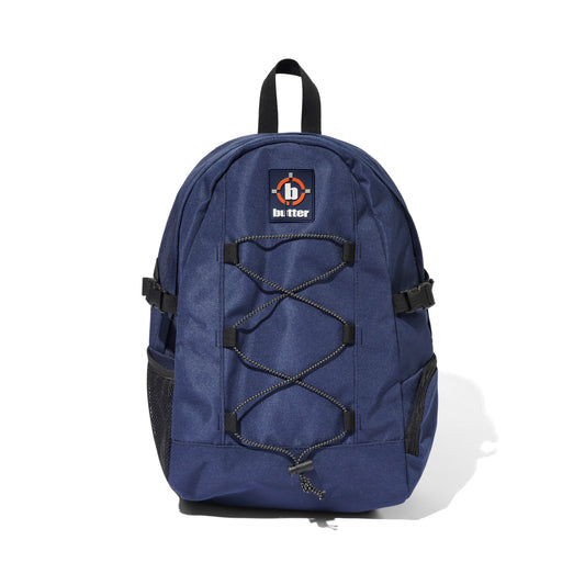 Navy blue backpack with a brand logo on a white background