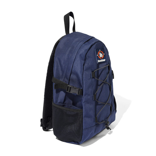 Navy blue backpack with a brand logo on a white background