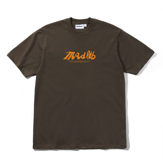 Brown t-shirt with 'Madlib' logo on a white background