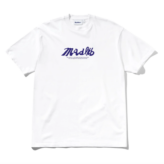 White t-shirt with purple 'Madlib' logo on a white background