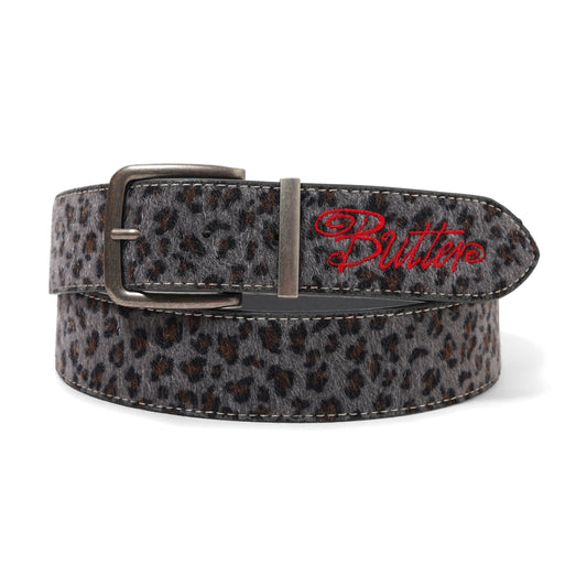 Leopard print belt with red logo on a white background