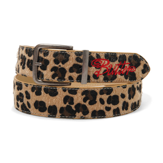 Leopard print belt with a red logo on a white background