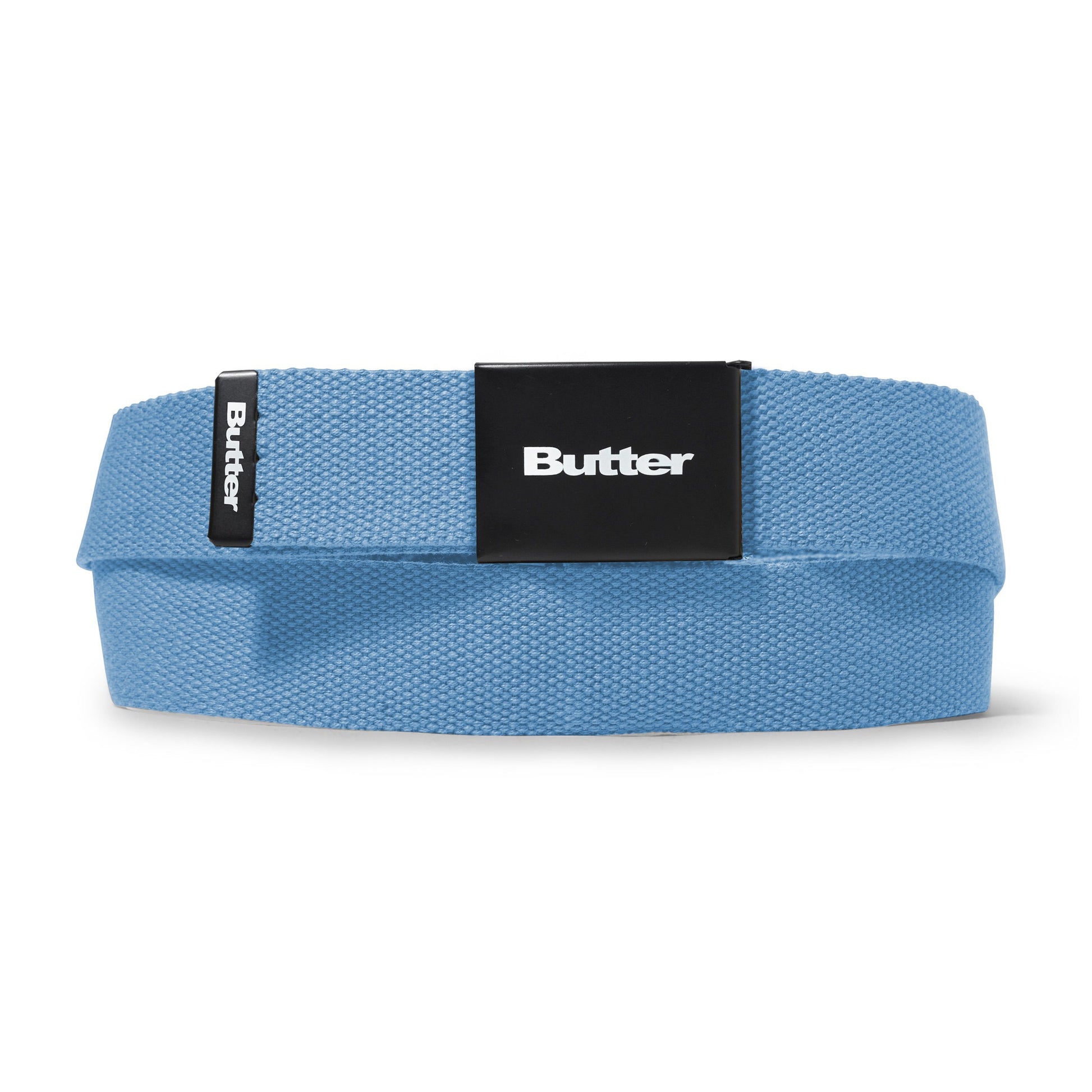 Blue belt with a black label featuring the brand 'Butter' on a white background