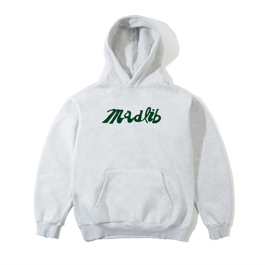 Gray hoodie with green text on a white background