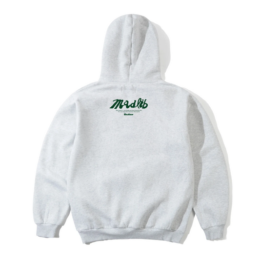 White hoodie with a logo on the back against a white background