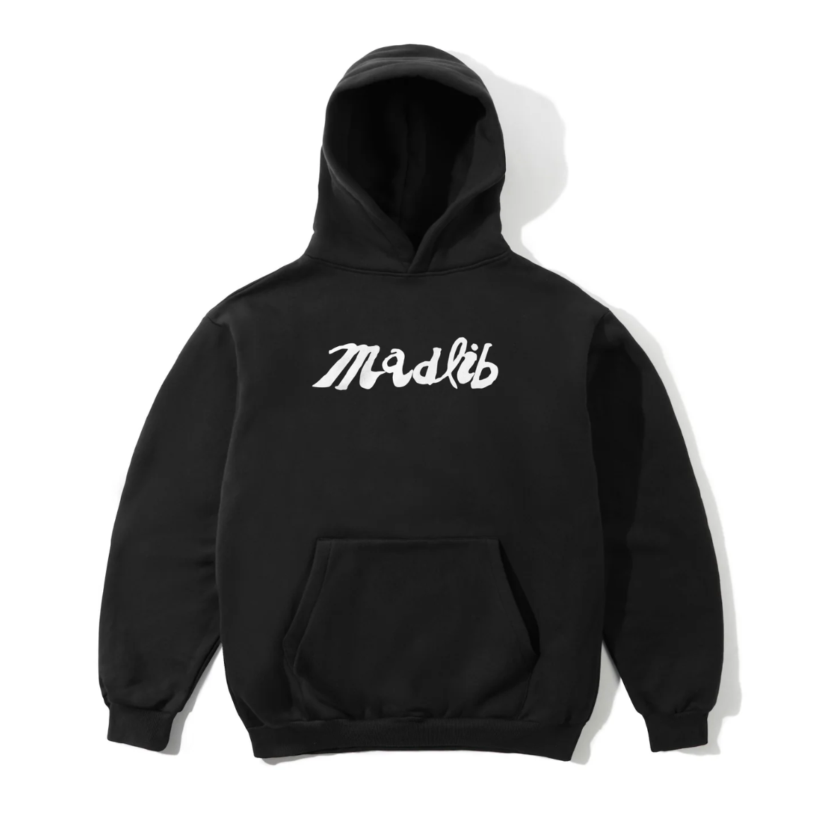 Black hoodie with 'Madlib' logo on a white background