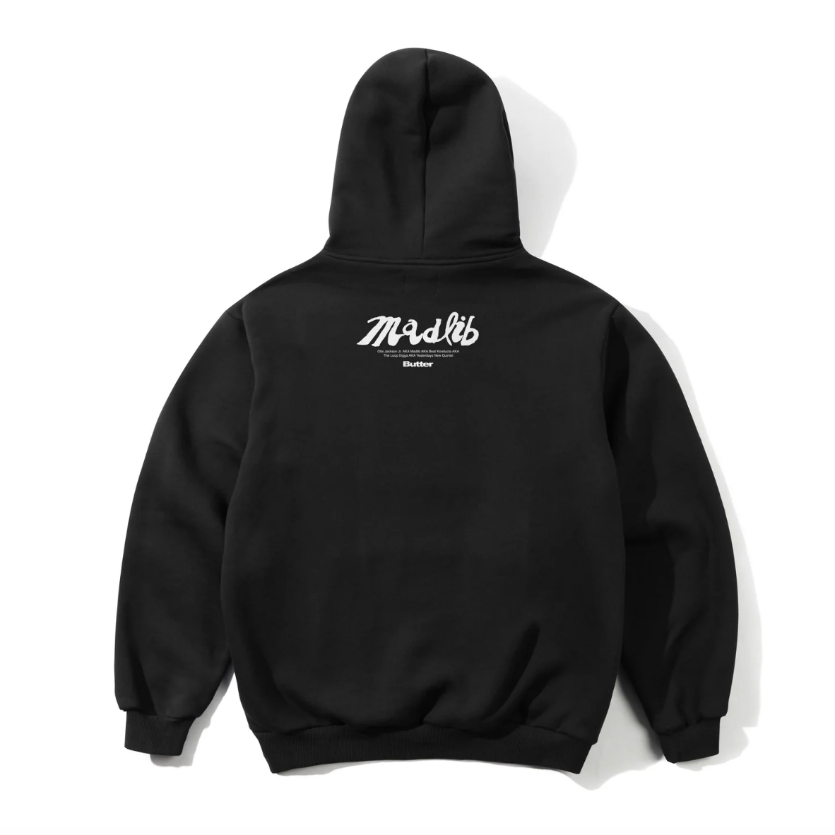 Black hoodie with a brand logo on the back against a white background