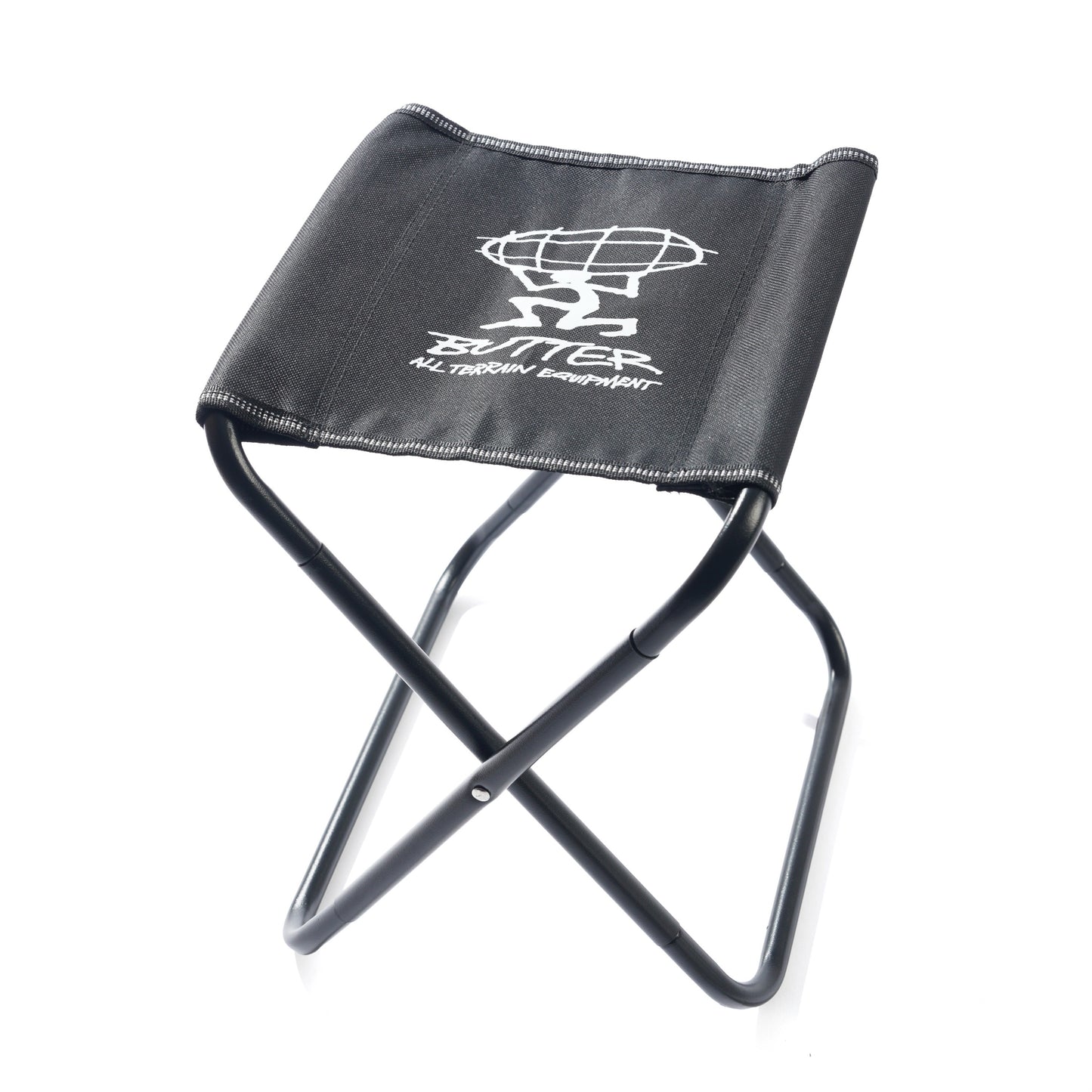 Black folding stool with 'Butter' logo on a white background