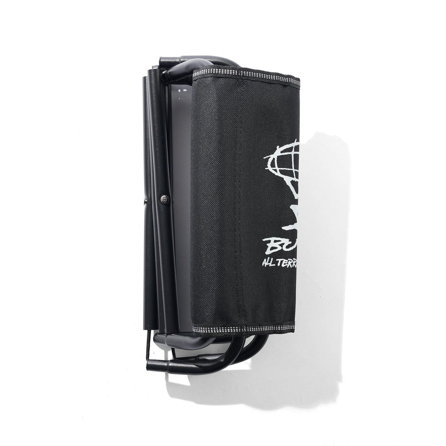 Black folding chair with a logo on a white background