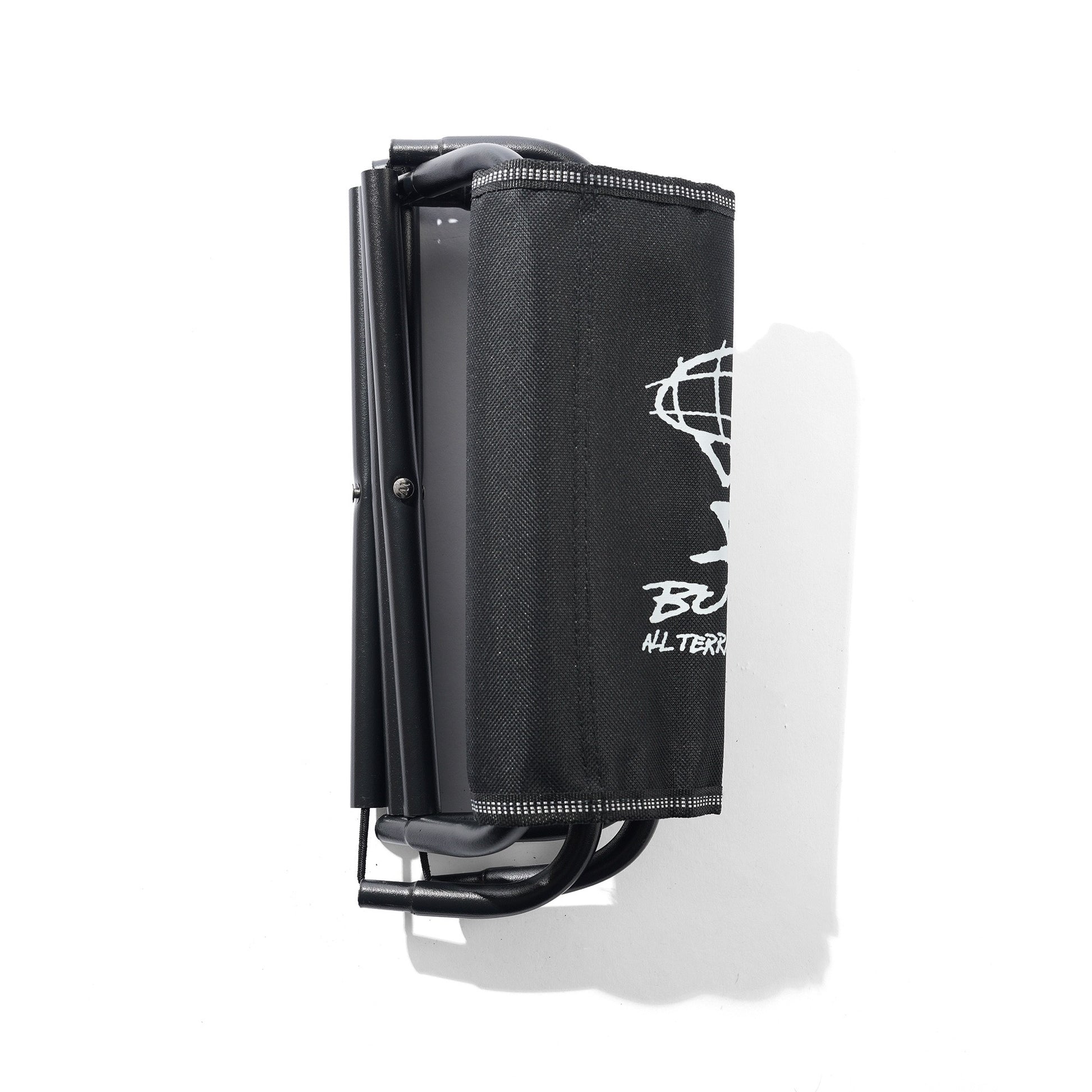 Black folding chair with a logo on a white background