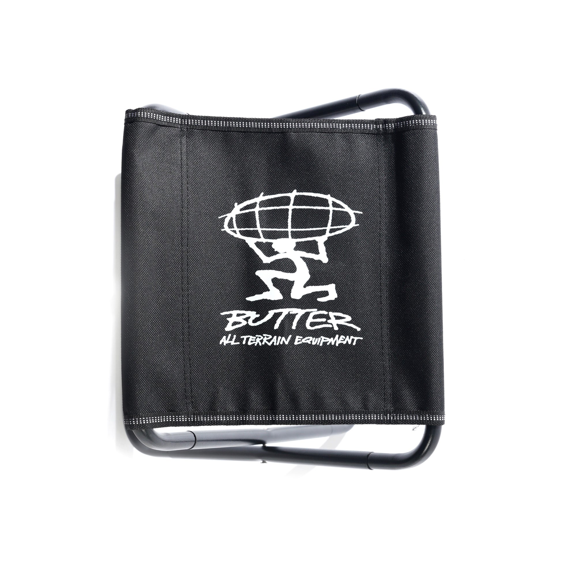 Black folding stool with 'Butter All Terrain Equipment' logo on a white background