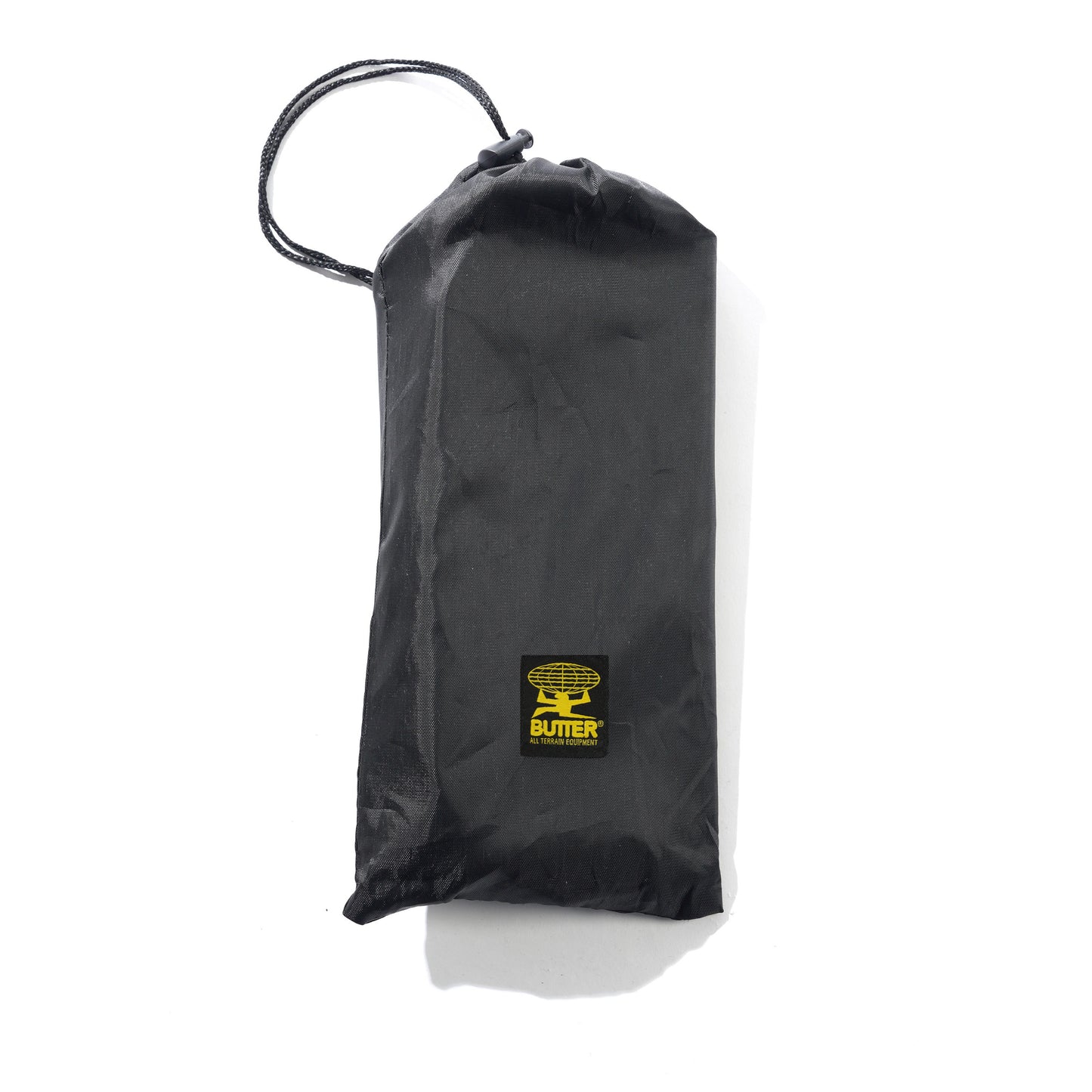 Black drawstring bag with a yellow logo on a white background