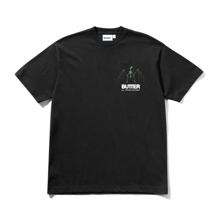 Black t-shirt with a small logo on a white background