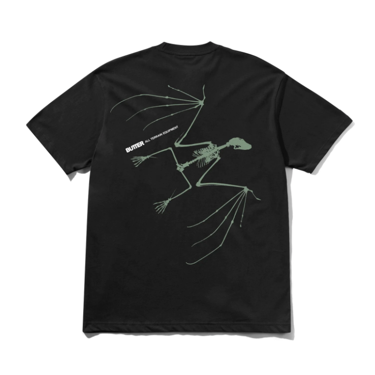 Black t-shirt with a white skeleton design on a white background