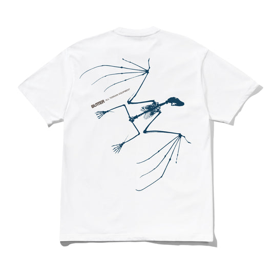 White t-shirt with blue bat skeleton design on a white background