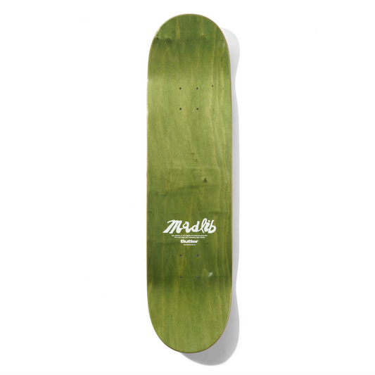 Green skateboard deck with a logo on a white background