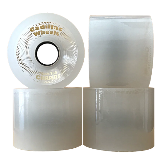 Two skateboard wheels with 'Cadillac Wheels' branding on a white background