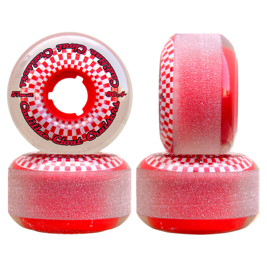 Four red and white checkered skateboard wheels on a white background
