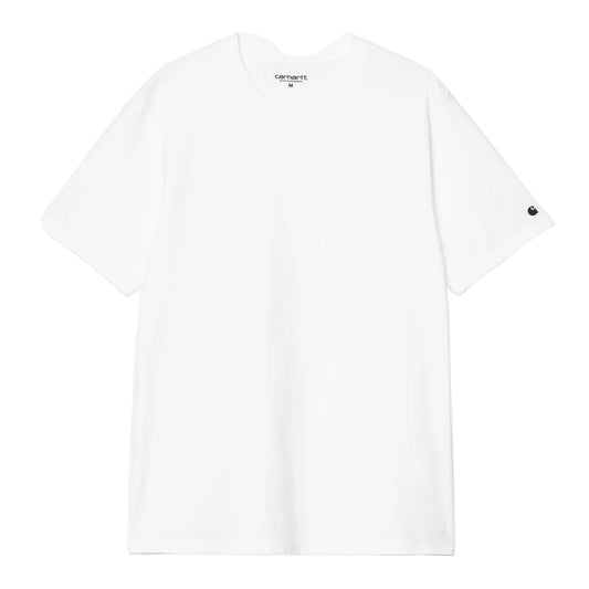 White t-shirt with a small black logo on a white background
