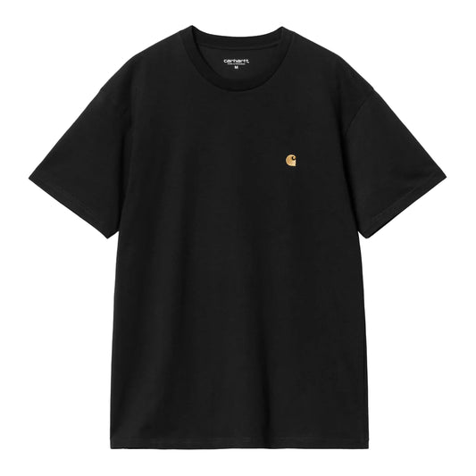 Black t-shirt with a gold logo on a white background