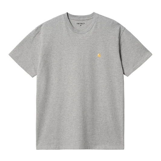 Gray t-shirt with a small logo on a white background