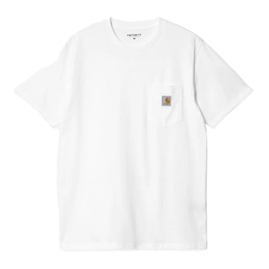 White t-shirt with a small logo on a white background