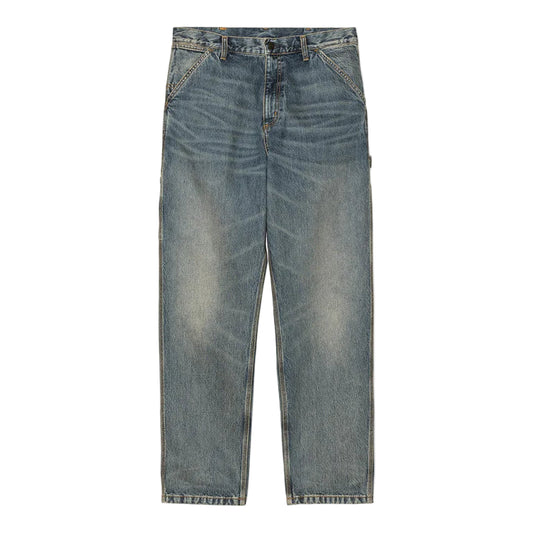 Blue denim jeans on a white background