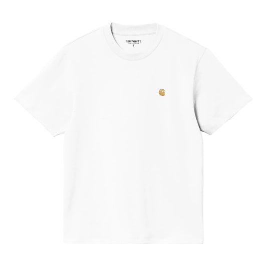 White t-shirt with a small gold logo on a white background