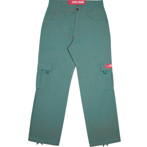 Green pants with brand labels on a white background