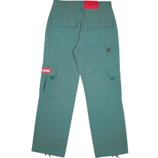 Green cargo pants with a red label on a white background