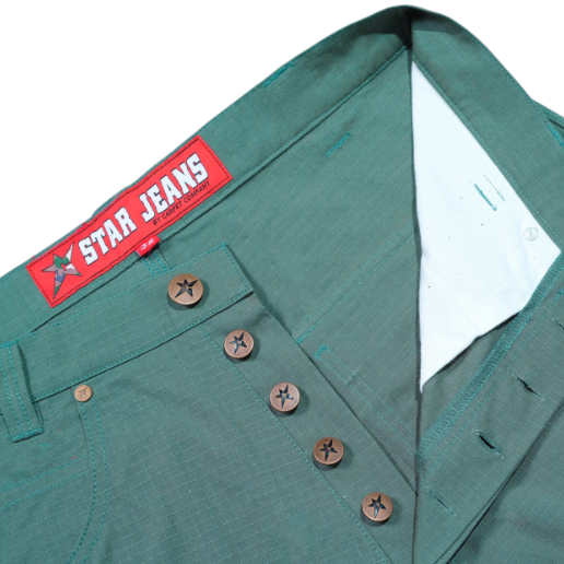 Green jeans with a 'Star Jeans' label on a white background