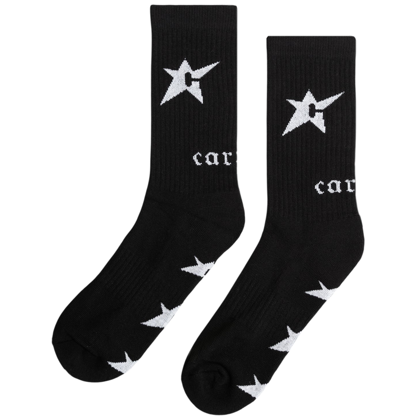 Black socks with white star designs and 'carpet' text on a white background