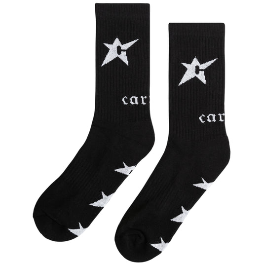 Black socks with white star designs and 'carpet' text on a white background