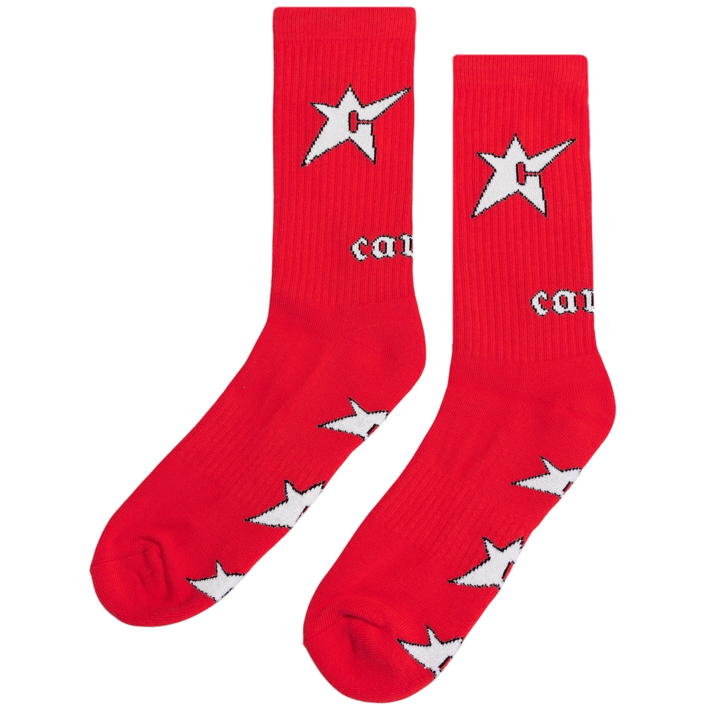 Red socks with white star designs and 'carpet' text on a white background
