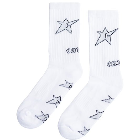 White socks with star and logo pattern on a white background