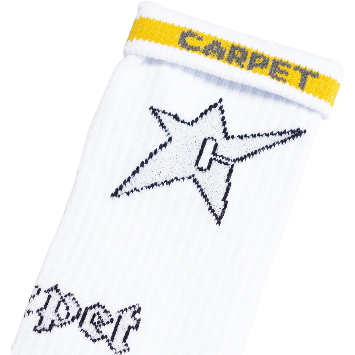 White sock with black star design and yellow band with 'CARPET' text on a white background
