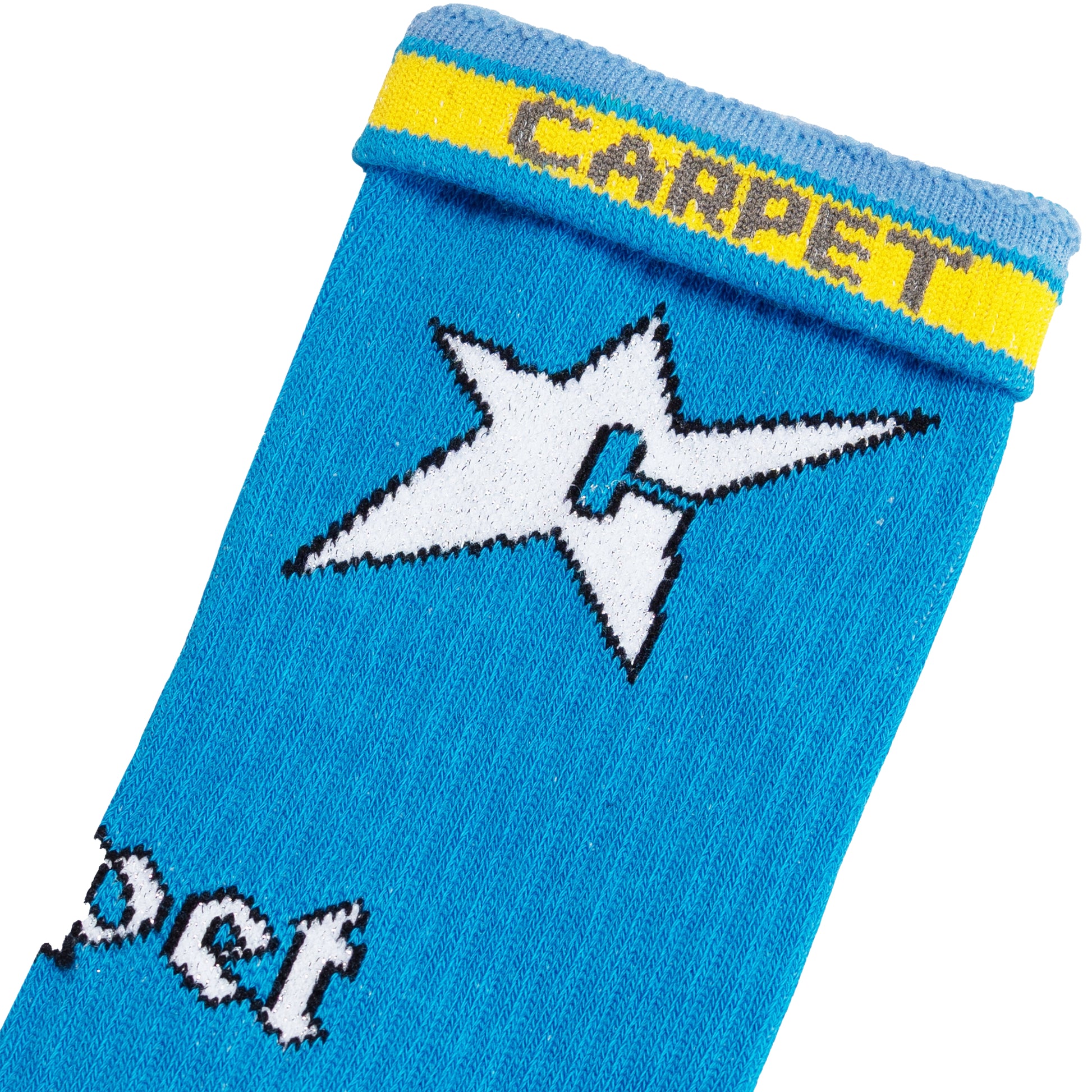 Blue sock with white star design and yellow band labeled 'Carpet' on a white background