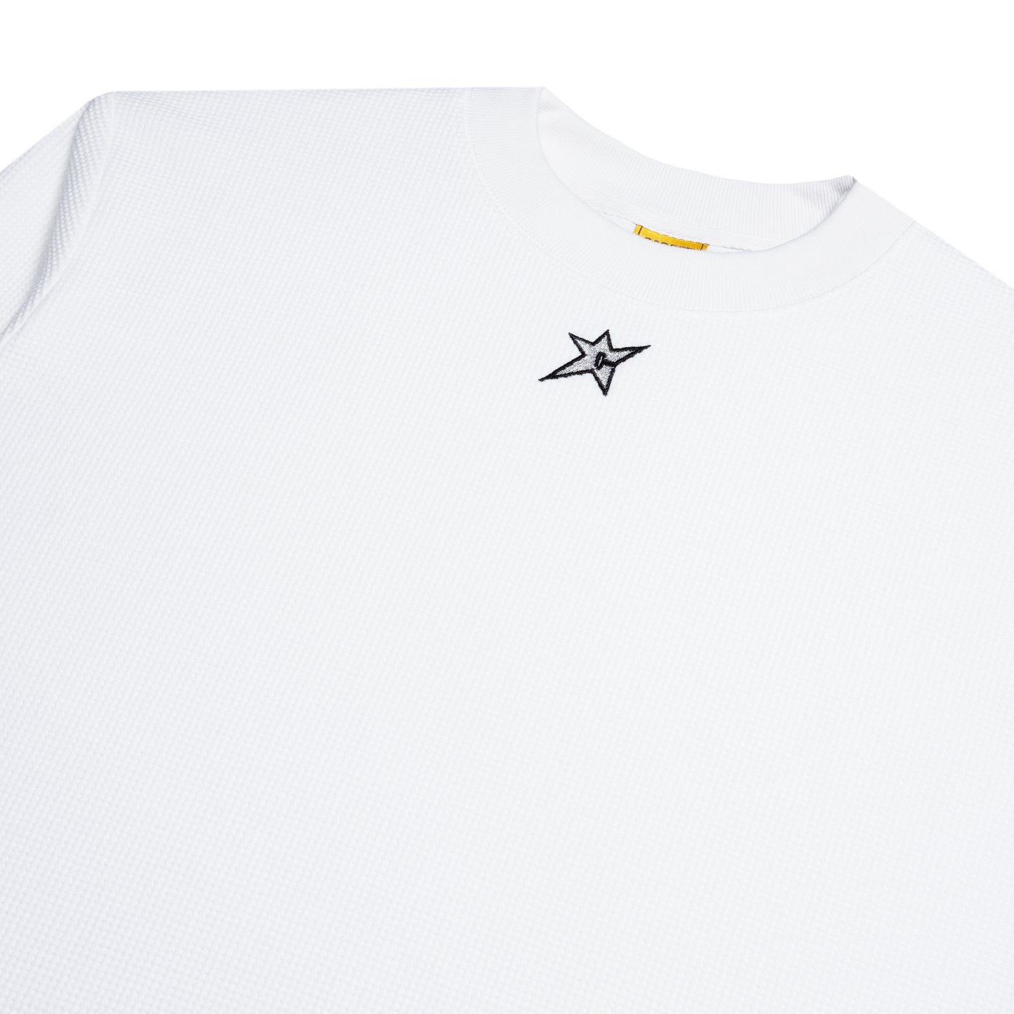 White t-shirt with a black star logo on a white background